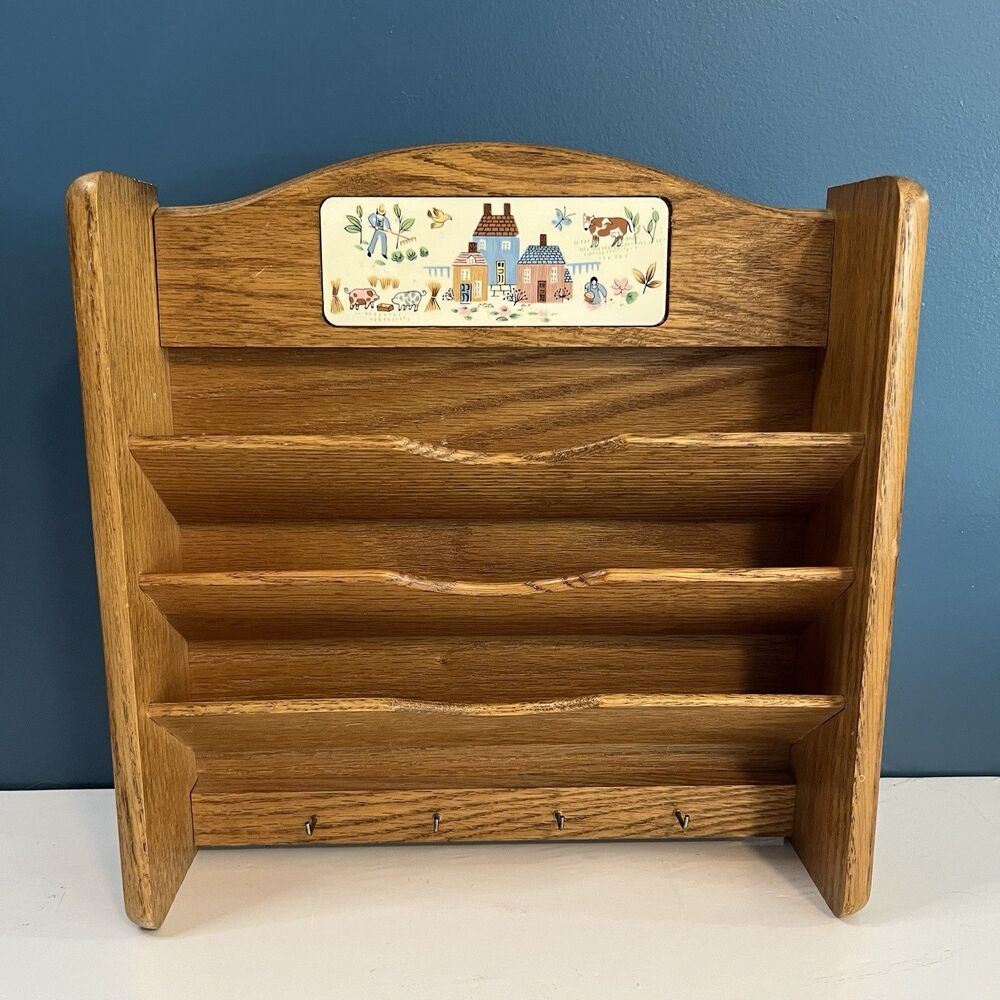Vintage Heartland Oak Wood Letter/Bill Rack With 4 Key Hooks EUC